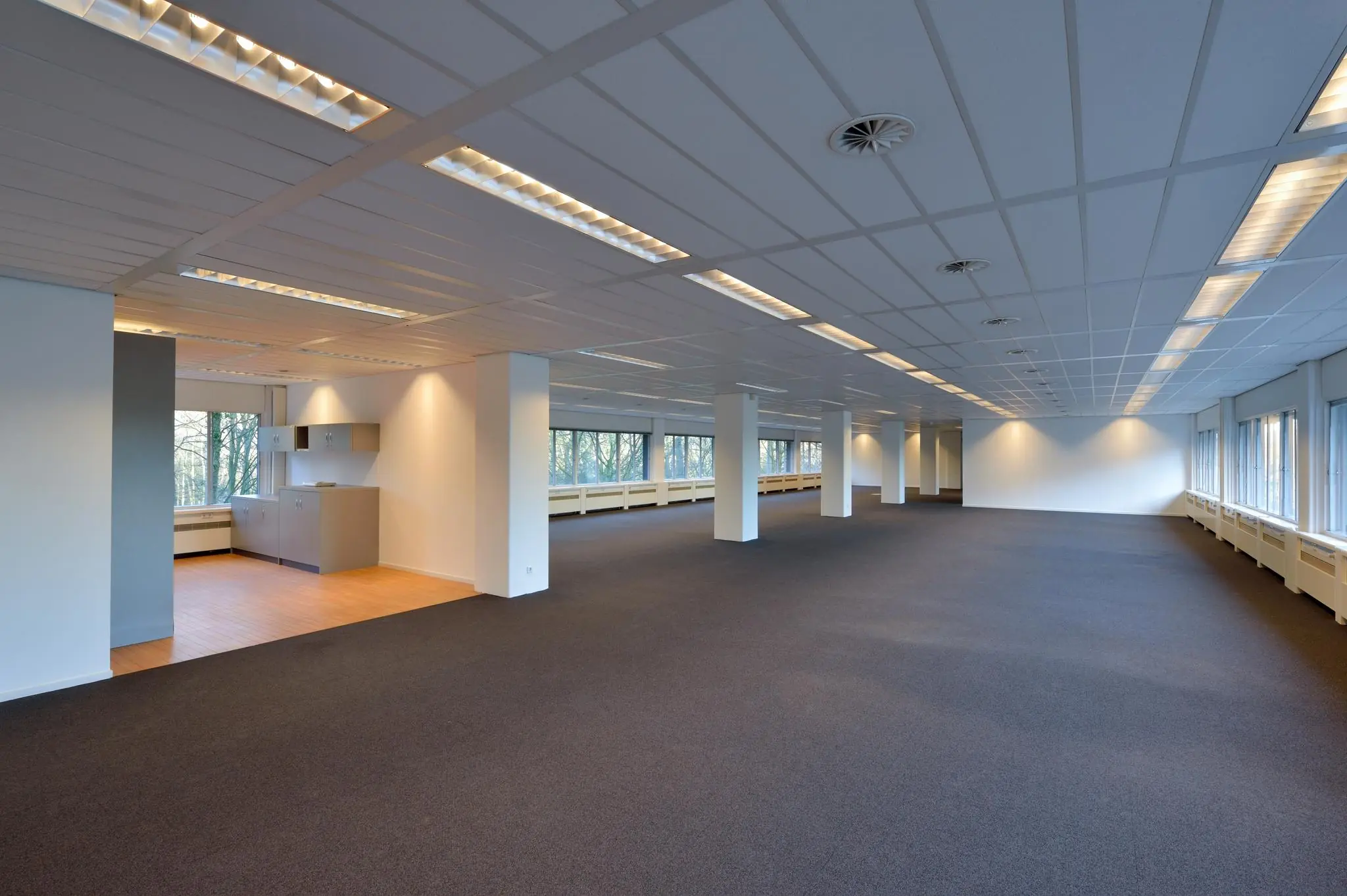 Ruime, leegstaande kantoorruimte aan de Floris Grijpstraat met veel ramen en ingebouwde pantry.